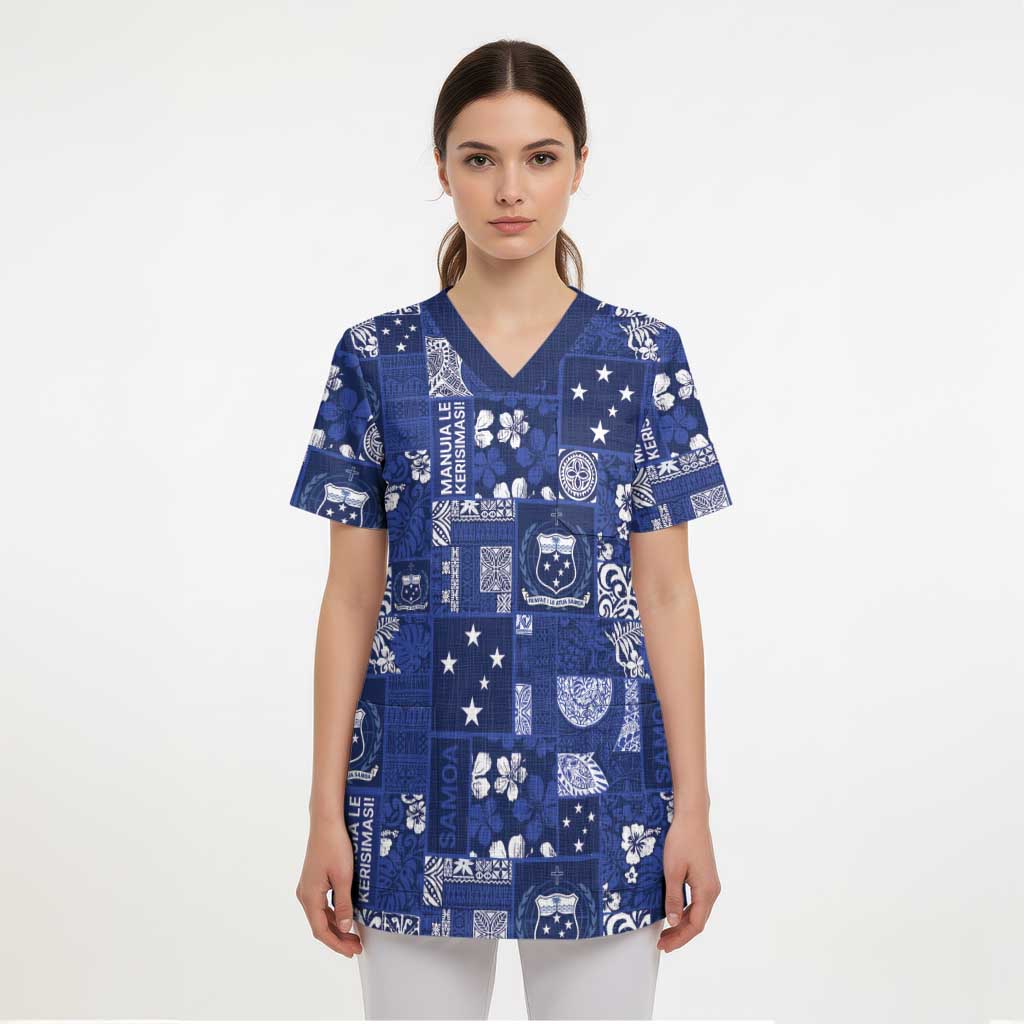 Blue Samoa Manuia Le Kerisimasi Scrub Top Pacific Patchwork Xmas Vibes - Polynesian Pride