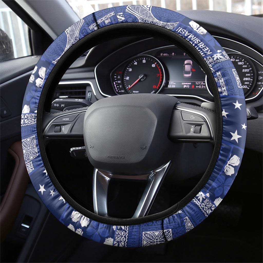 Blue Samoa Manuia Le Kerisimasi Steering Wheel Cover Pacific Patchwork Xmas Vibes - Polynesian Pride