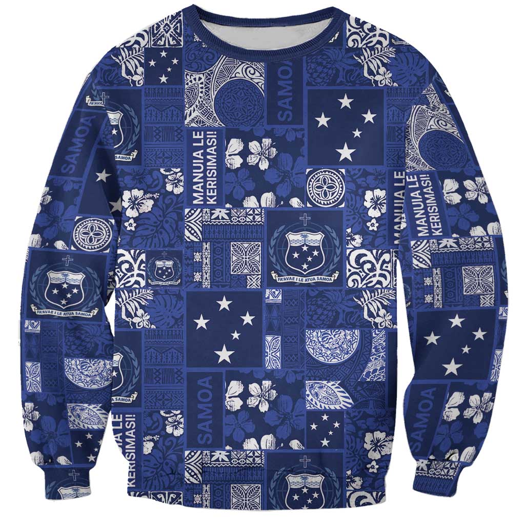 Blue Samoa Manuia Le Kerisimasi Sweatshirt Pacific Patchwork Xmas Vibes - Polynesian Pride