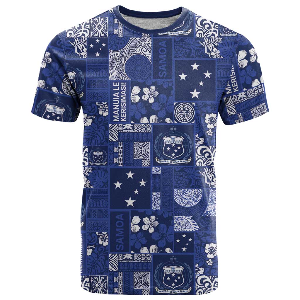 Blue Samoa Manuia Le Kerisimasi T Shirt Pacific Patchwork Xmas Vibes - Polynesian Pride