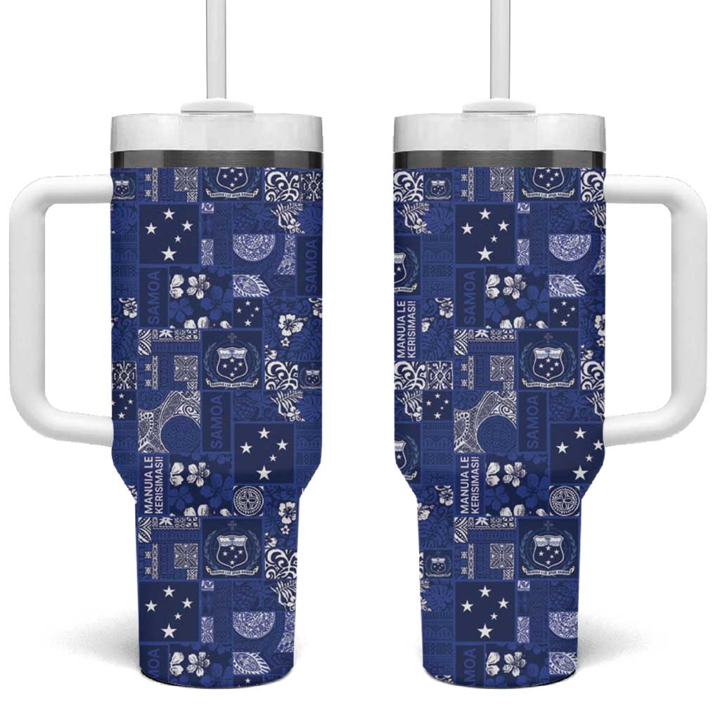 Blue Samoa Manuia Le Kerisimasi Tumbler With Handle Pacific Patchwork Xmas Vibes - Polynesian Pride