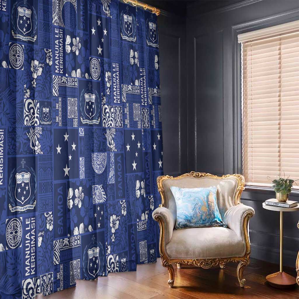 Blue Samoa Manuia Le Kerisimasi Window Curtain Pacific Patchwork Xmas Vibes - Polynesian Pride