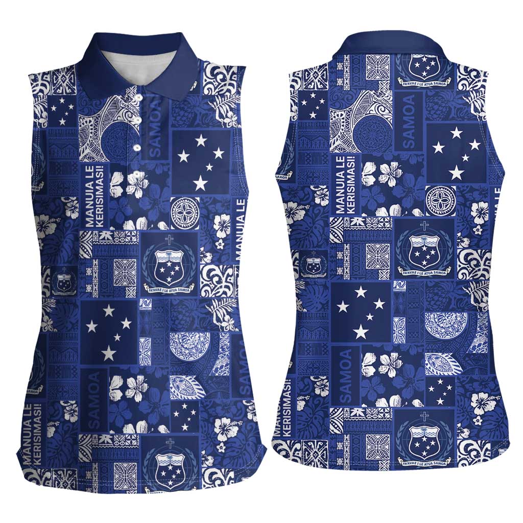 Blue Samoa Manuia Le Kerisimasi Women Sleeveless Polo Shirt Pacific Patchwork Xmas Vibes - Polynesian Pride