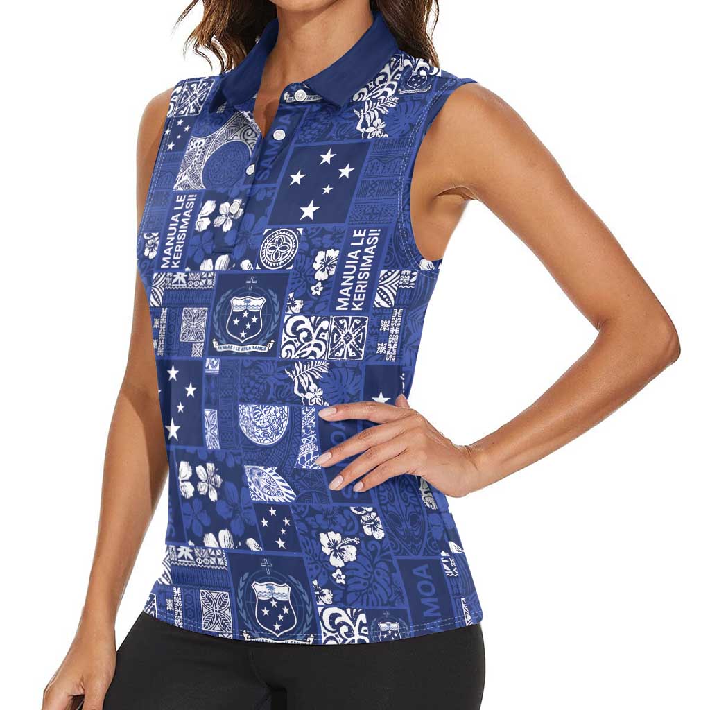 Blue Samoa Manuia Le Kerisimasi Women Sleeveless Polo Shirt Pacific Patchwork Xmas Vibes - Polynesian Pride