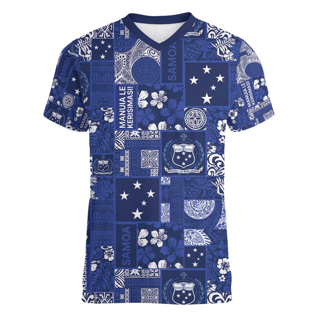 Blue Samoa Manuia Le Kerisimasi Women V-Neck T-Shirt Pacific Patchwork Xmas Vibes - Polynesian Pride