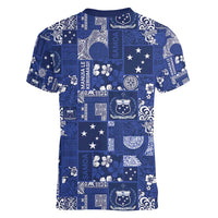 Blue Samoa Manuia Le Kerisimasi Women V-Neck T-Shirt Pacific Patchwork Xmas Vibes - Polynesian Pride