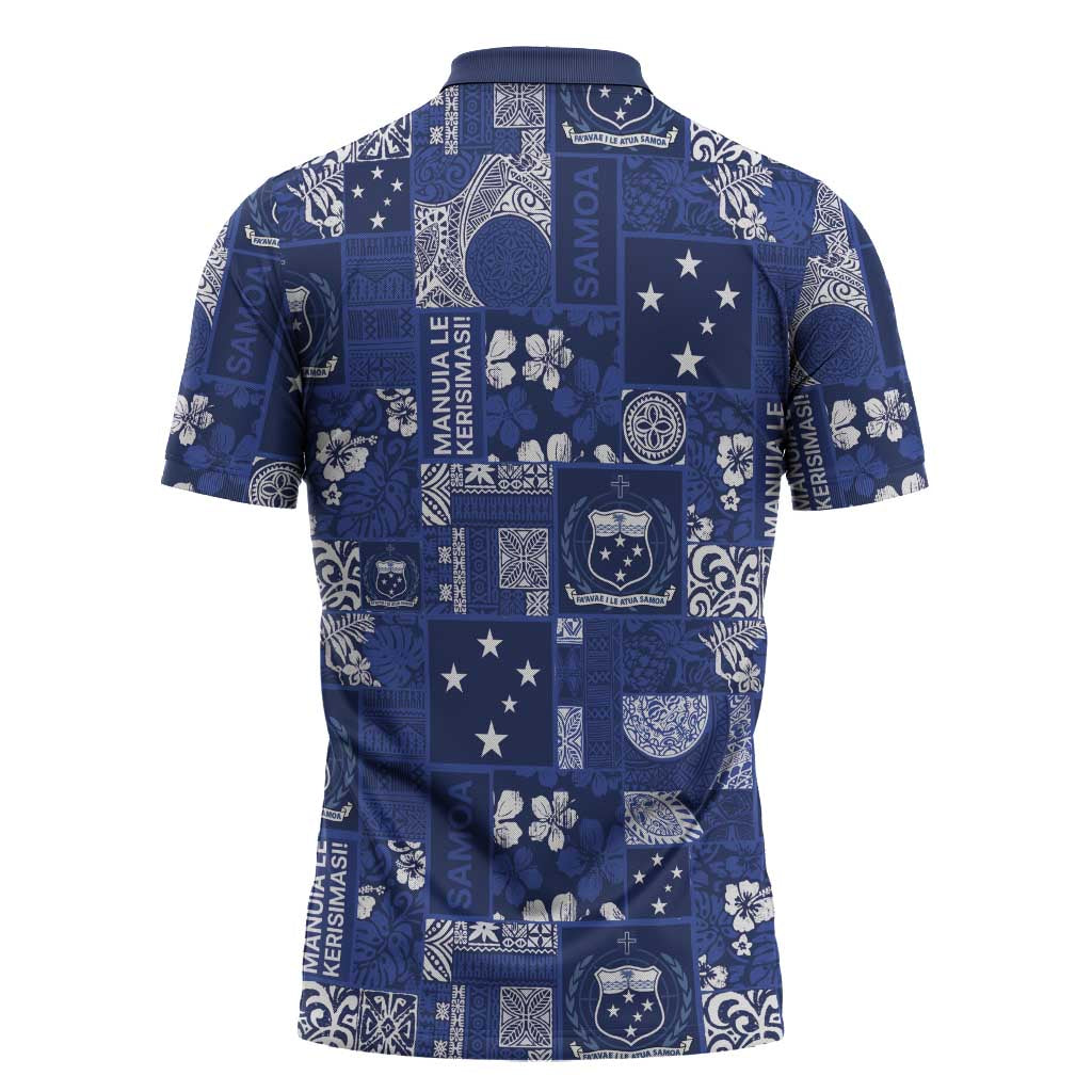 Blue Samoa Manuia Le Kerisimasi Zipper Polo Shirt Pacific Patchwork Xmas Vibes - Polynesian Pride