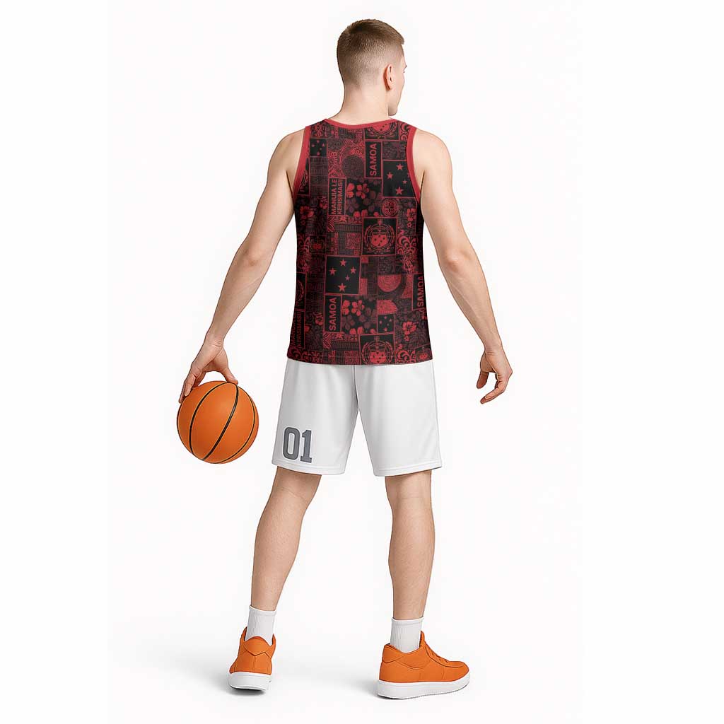 Dark Samoa Manuia Le Kerisimasi Basketball Jersey Pacific Patchwork Xmas Vibes - Polynesian Pride