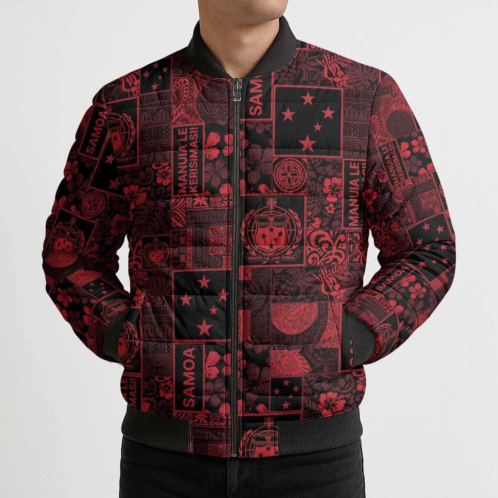Dark Samoa Manuia Le Kerisimasi Bomber Puffer Jacket Pacific Patchwork Xmas Vibes - Polynesian Pride