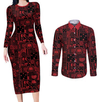 Dark Samoa Manuia Le Kerisimasi Couples Matching Long Sleeve Bodycon Dress and Long Sleeve Button Shirt Pacific Patchwork Xmas Vibes - Polynesian Pride