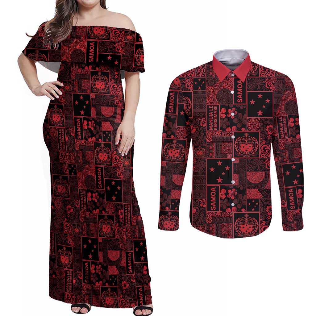 Dark Samoa Manuia Le Kerisimasi Couples Matching Off Shoulder Maxi Dress and Long Sleeve Button Shirt Pacific Patchwork Xmas Vibes - Polynesian Pride