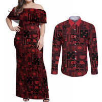 Dark Samoa Manuia Le Kerisimasi Couples Matching Off Shoulder Maxi Dress and Long Sleeve Button Shirt Pacific Patchwork Xmas Vibes - Polynesian Pride
