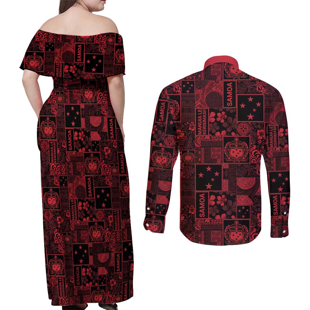Dark Samoa Manuia Le Kerisimasi Couples Matching Off Shoulder Maxi Dress and Long Sleeve Button Shirt Pacific Patchwork Xmas Vibes - Polynesian Pride