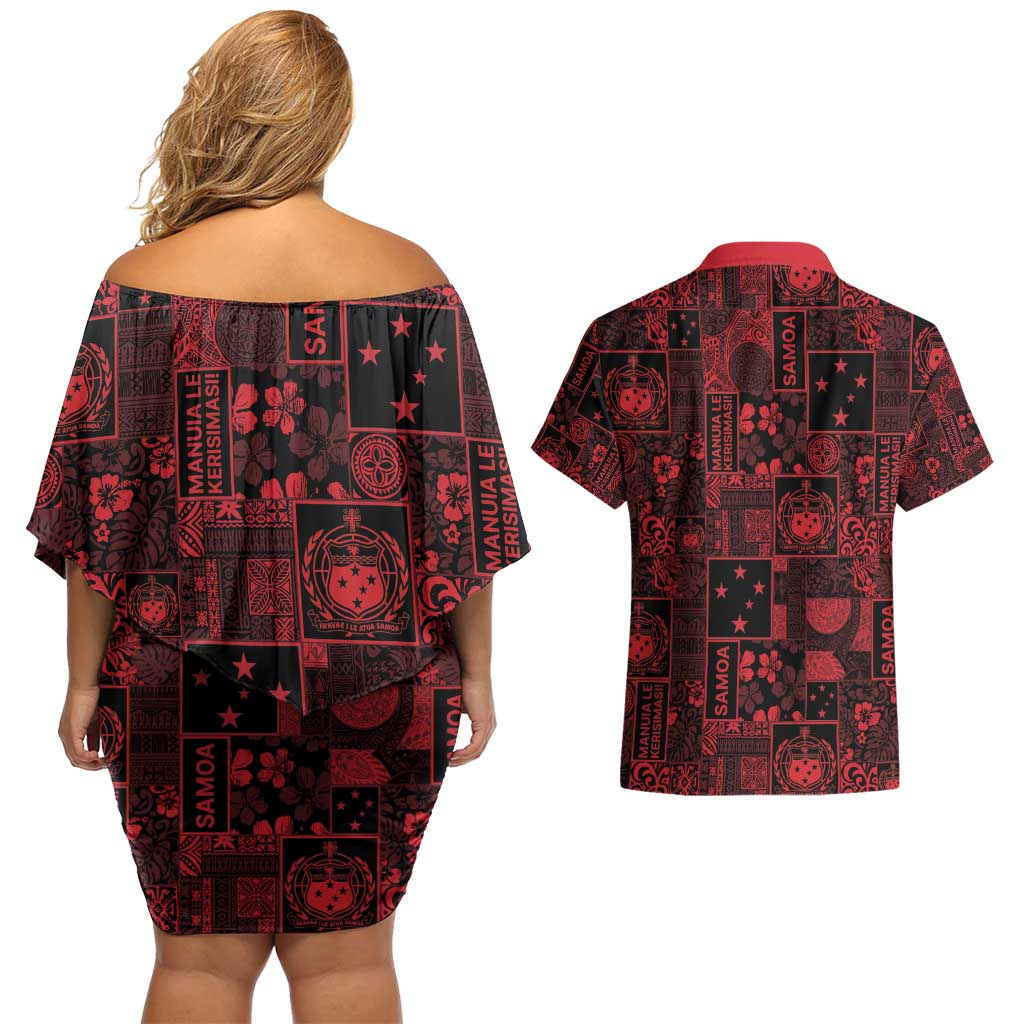 Dark Samoa Manuia Le Kerisimasi Couples Matching Off Shoulder Short Dress and Hawaiian Shirt Pacific Patchwork Xmas Vibes - Polynesian Pride