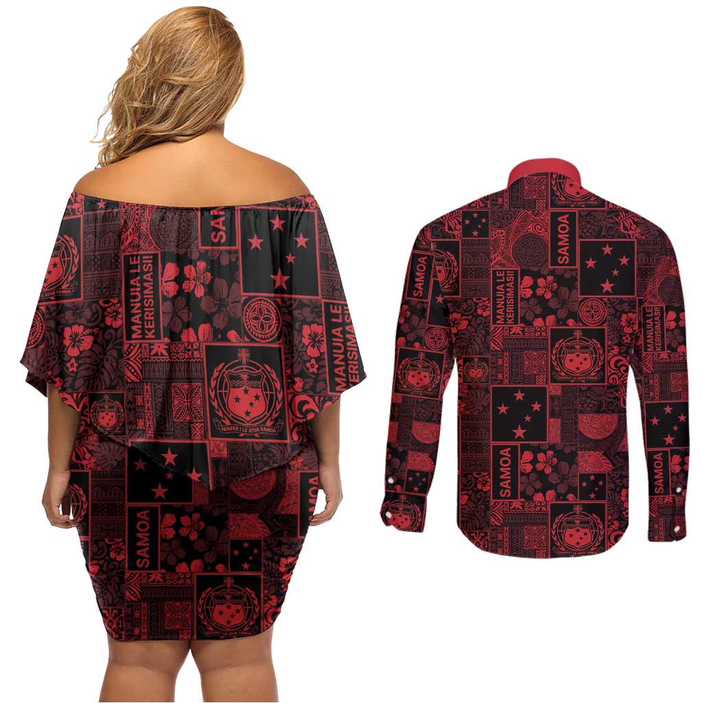 Dark Samoa Manuia Le Kerisimasi Couples Matching Off Shoulder Short Dress and Long Sleeve Button Shirt Pacific Patchwork Xmas Vibes - Polynesian Pride