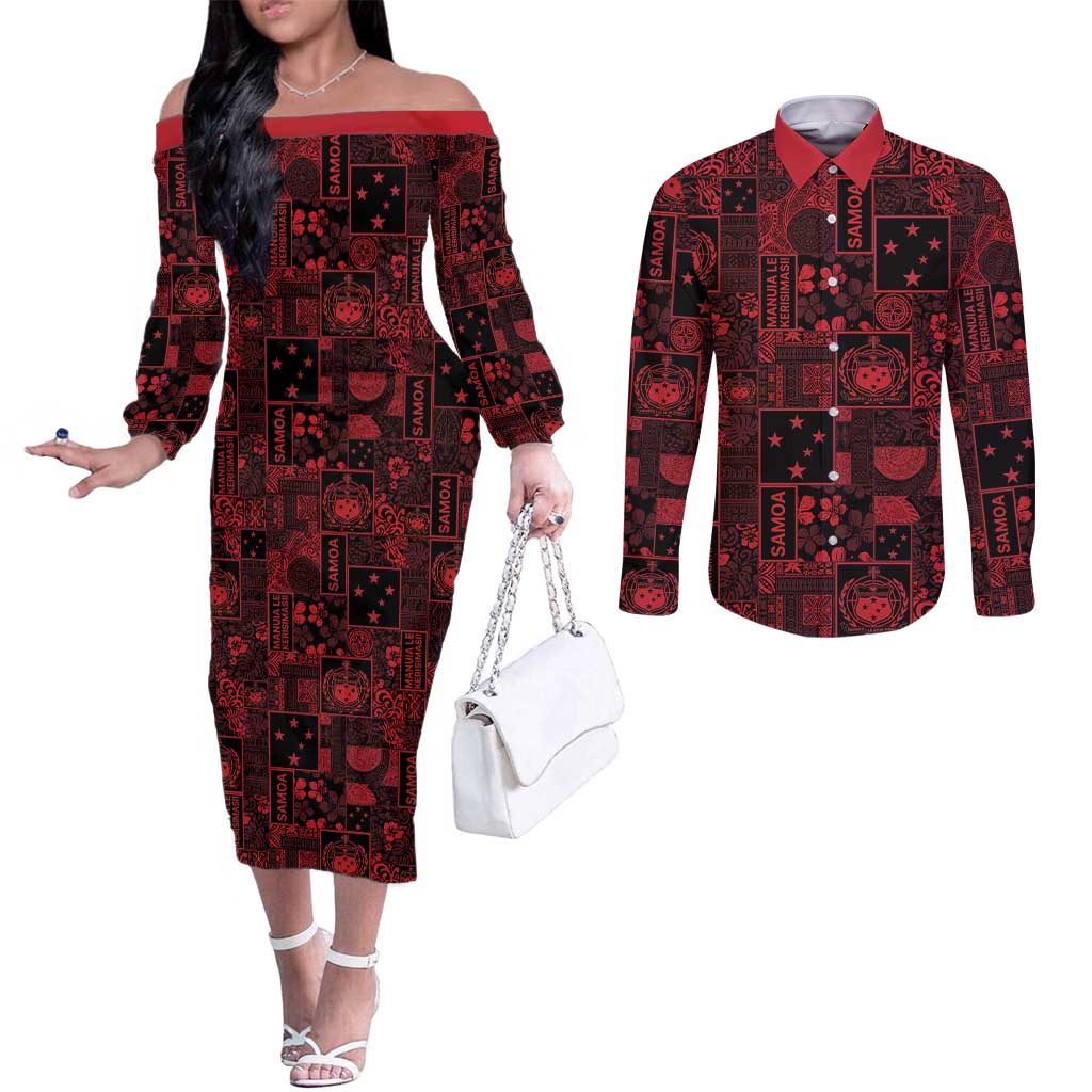 Dark Samoa Manuia Le Kerisimasi Couples Matching Off The Shoulder Long Sleeve Dress and Long Sleeve Button Shirt Pacific Patchwork Xmas Vibes - Polynesian Pride