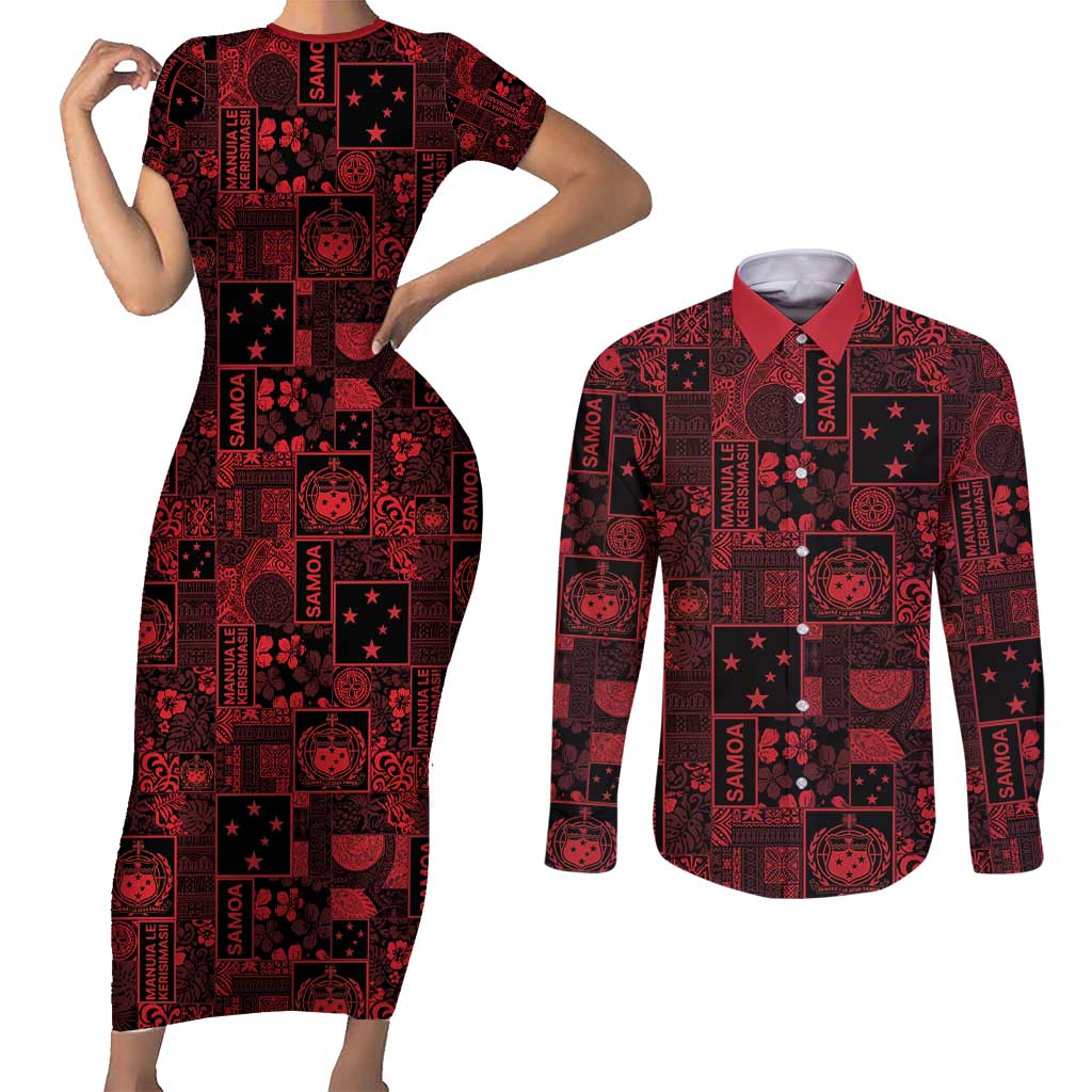 Dark Samoa Manuia Le Kerisimasi Couples Matching Short Sleeve Bodycon Dress and Long Sleeve Button Shirt Pacific Patchwork Xmas Vibes - Polynesian Pride