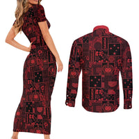 Dark Samoa Manuia Le Kerisimasi Couples Matching Short Sleeve Bodycon Dress and Long Sleeve Button Shirt Pacific Patchwork Xmas Vibes - Polynesian Pride