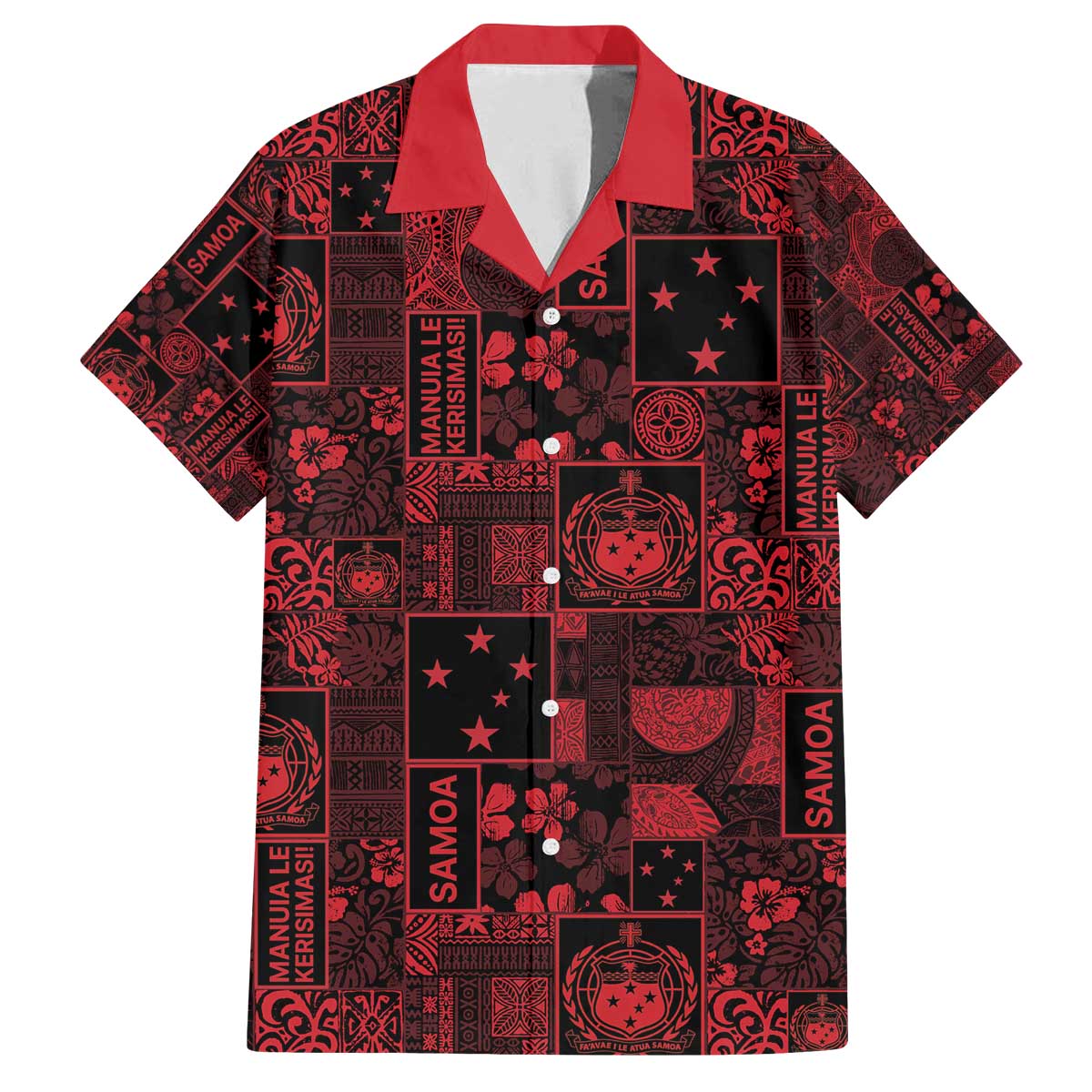 Dark Samoa Manuia Le Kerisimasi Family Matching Off The Shoulder Long Sleeve Dress and Hawaiian Shirt Pacific Patchwork Xmas Vibes - Polynesian Pride