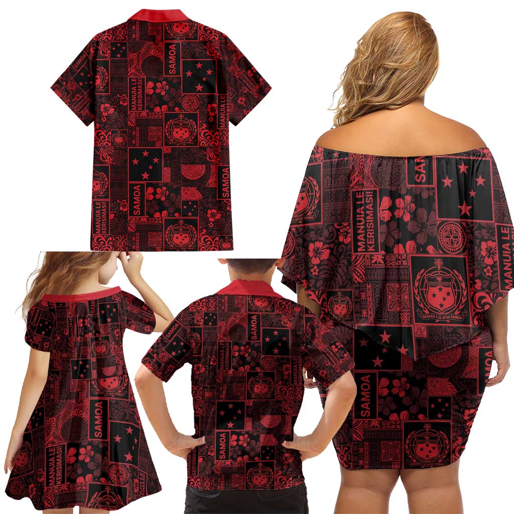 Dark Samoa Manuia Le Kerisimasi Family Matching Off Shoulder Short Dress and Hawaiian Shirt Pacific Patchwork Xmas Vibes - Polynesian Pride