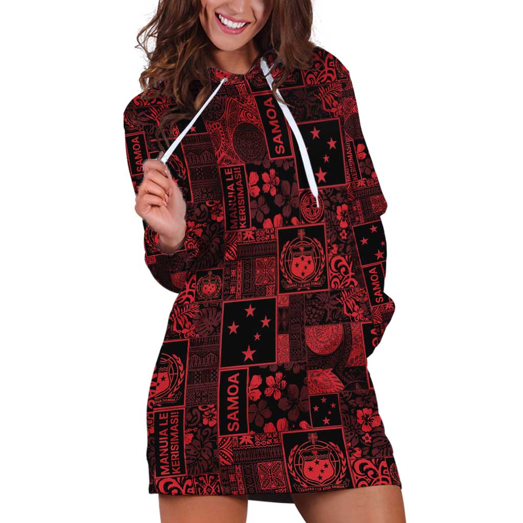 Dark Samoa Manuia Le Kerisimasi Hoodie Dress Pacific Patchwork Xmas Vibes - Polynesian Pride