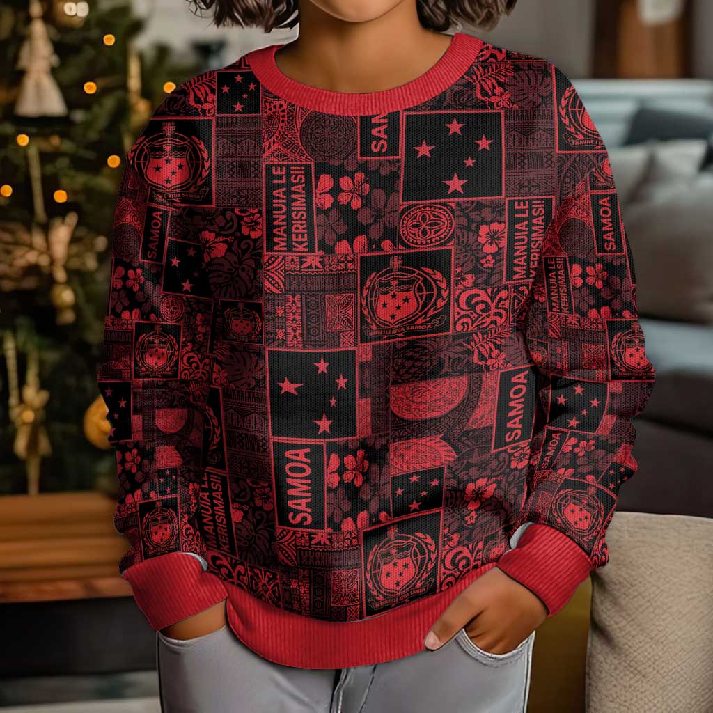 Dark Samoa Manuia Le Kerisimasi Kid Ugly Christmas Sweater Pacific Patchwork Xmas Vibes - Polynesian Pride