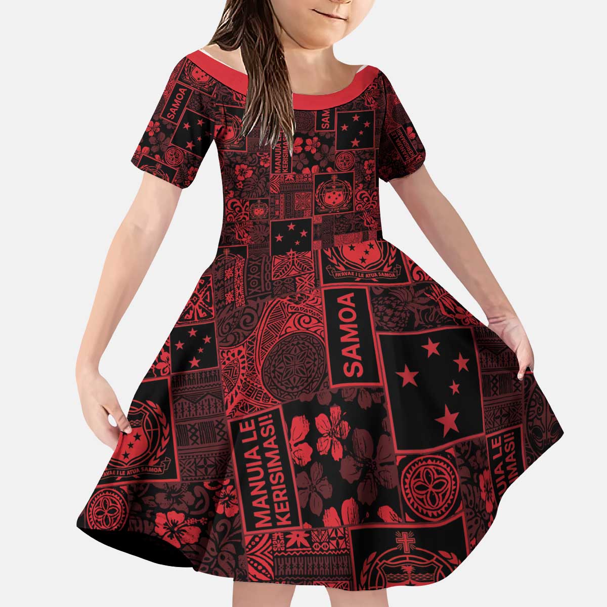Dark Samoa Manuia Le Kerisimasi Kid Short Sleeve Dress Pacific Patchwork Xmas Vibes - Polynesian Pride