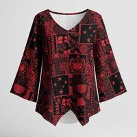 Dark Samoa Manuia Le Kerisimasi Kimono Sleeve Blouse Pacific Patchwork Xmas Vibes - Polynesian Pride