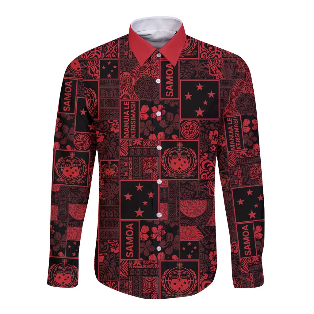 Dark Samoa Manuia Le Kerisimasi Long Sleeve Button Shirt Pacific Patchwork Xmas Vibes - Polynesian Pride