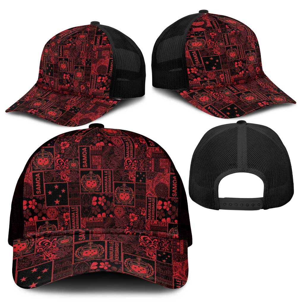 Dark Samoa Manuia Le Kerisimasi Mesh Trucker Cap Pacific Patchwork Xmas Vibes - Polynesian Pride
