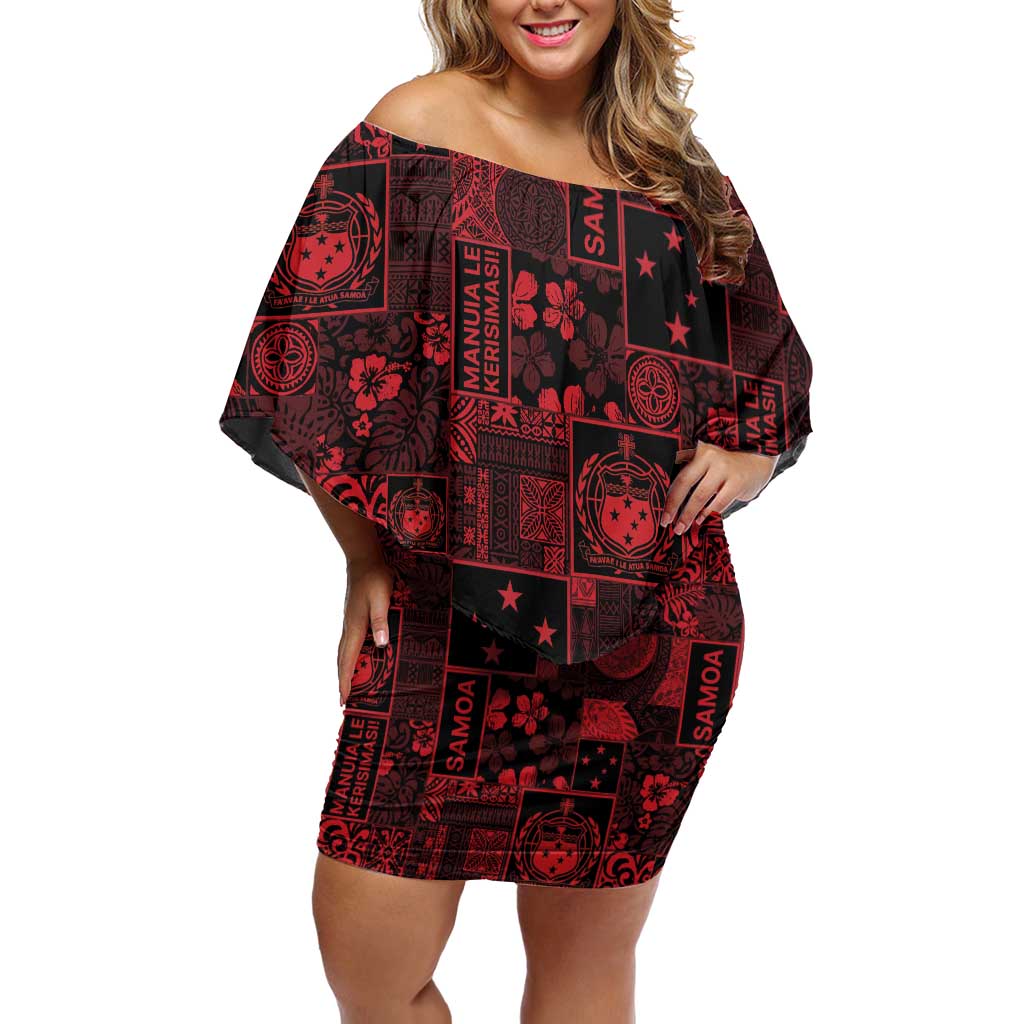 Dark Samoa Manuia Le Kerisimasi Off Shoulder Short Dress Pacific Patchwork Xmas Vibes - Polynesian Pride
