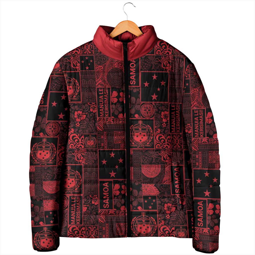 Dark Samoa Manuia Le Kerisimasi Padded Jacket Pacific Patchwork Xmas Vibes - Polynesian Pride