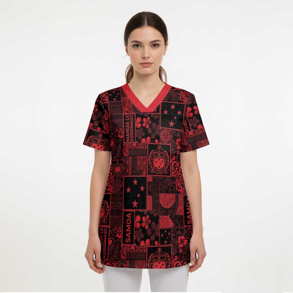 Dark Samoa Manuia Le Kerisimasi Scrub Top Pacific Patchwork Xmas Vibes - Polynesian Pride