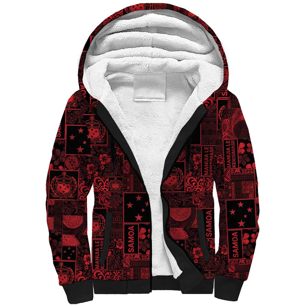Dark Samoa Manuia Le Kerisimasi Sherpa Hoodie Pacific Patchwork Xmas Vibes - Polynesian Pride
