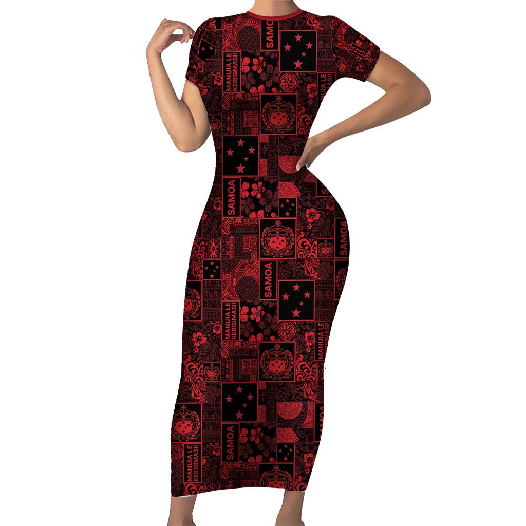 Dark Samoa Manuia Le Kerisimasi Short Sleeve Bodycon Dress Pacific Patchwork Xmas Vibes - Polynesian Pride