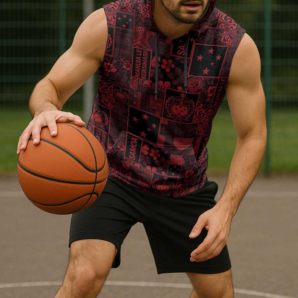 Dark Samoa Manuia Le Kerisimasi Sleeveless Hoodie Pacific Patchwork Xmas Vibes - Polynesian Pride