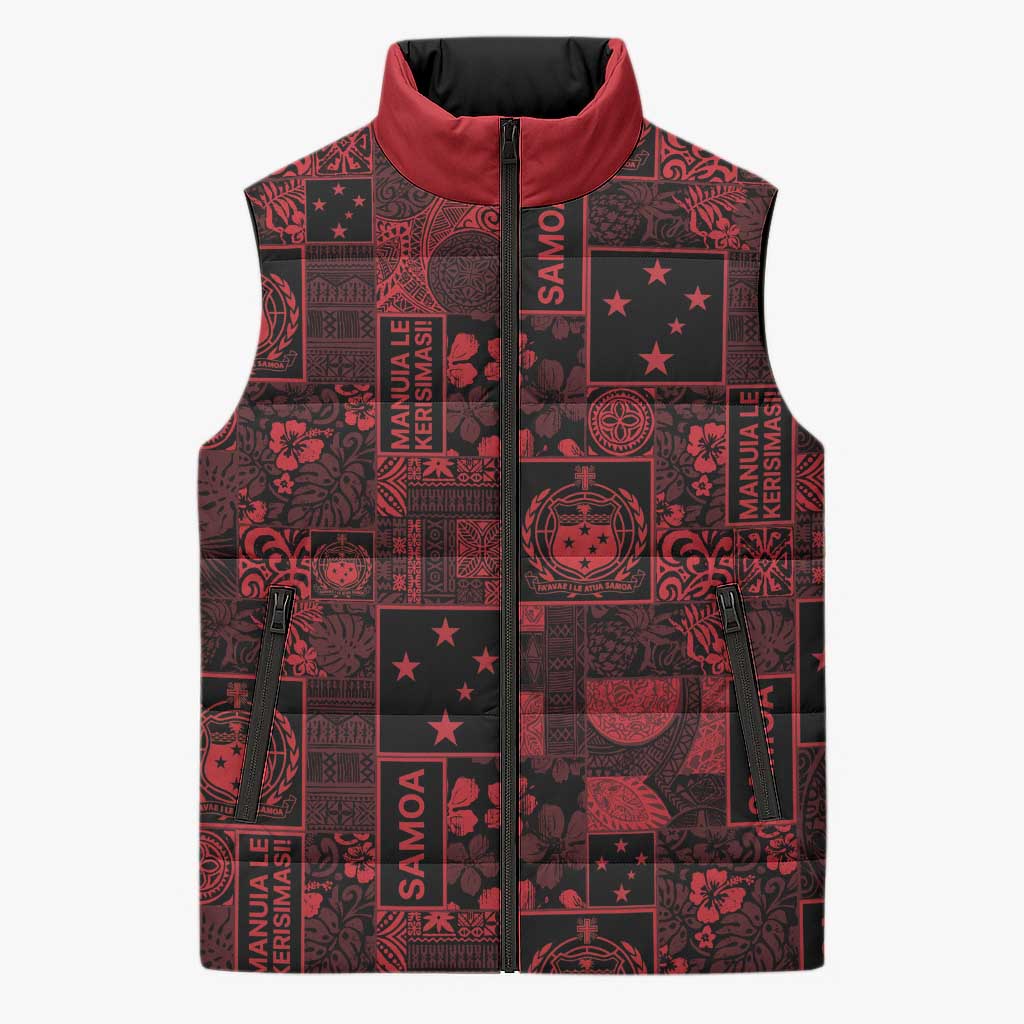 Dark Samoa Manuia Le Kerisimasi Sleeveless Puffer Jacket Pacific Patchwork Xmas Vibes - Polynesian Pride
