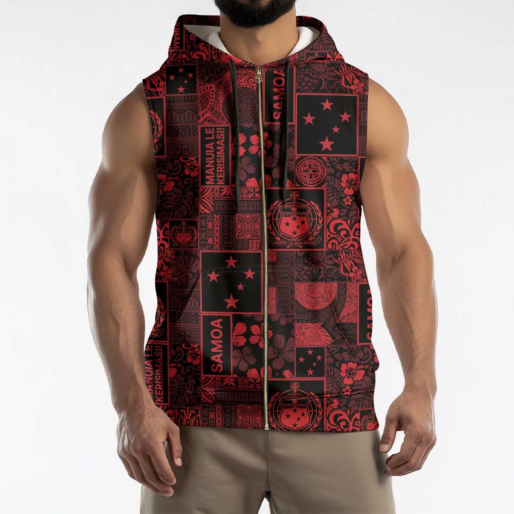 Dark Samoa Manuia Le Kerisimasi Sleeveless Zip Hoodie Pacific Patchwork Xmas Vibes - Polynesian Pride