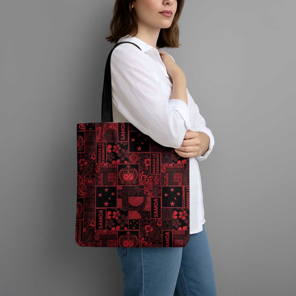 Dark Samoa Manuia Le Kerisimasi Tote Bag Pacific Patchwork Xmas Vibes - Polynesian Pride