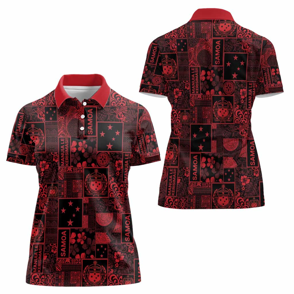 Dark Samoa Manuia Le Kerisimasi Women Polo Shirt Pacific Patchwork Xmas Vibes - Polynesian Pride