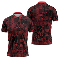 Dark Samoa Manuia Le Kerisimasi Zipper Polo Shirt Pacific Patchwork Xmas Vibes - Polynesian Pride
