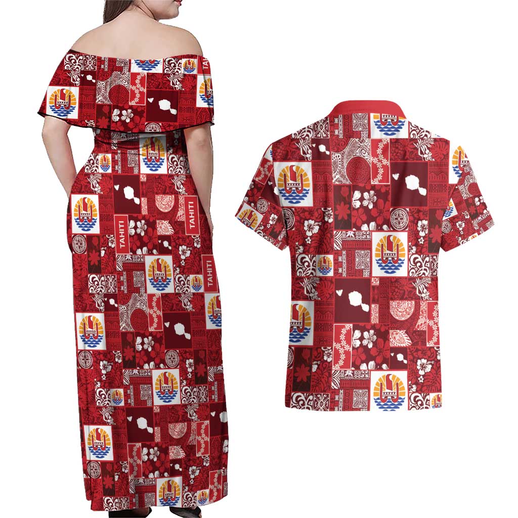 Tahiti Oaoa I Teie Noera Couples Matching Off Shoulder Maxi Dress and Hawaiian Shirt Pacific Patchwork Xmas Vibes - Polynesian Pride