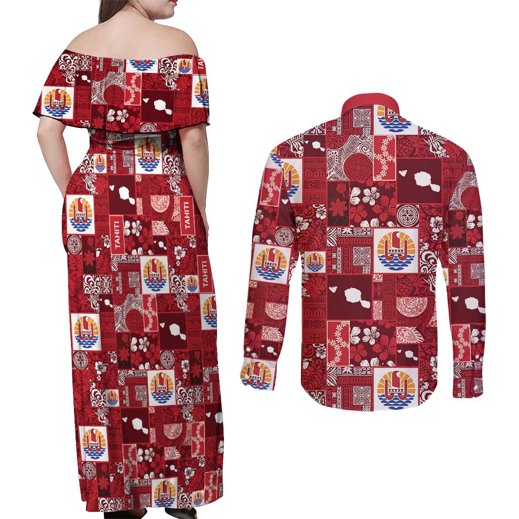 Tahiti Oaoa I Teie Noera Couples Matching Off Shoulder Maxi Dress and Long Sleeve Button Shirt Pacific Patchwork Xmas Vibes - Polynesian Pride