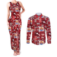 Tahiti Oaoa I Teie Noera Couples Matching Tank Maxi Dress and Long Sleeve Button Shirt Pacific Patchwork Xmas Vibes - Polynesian Pride