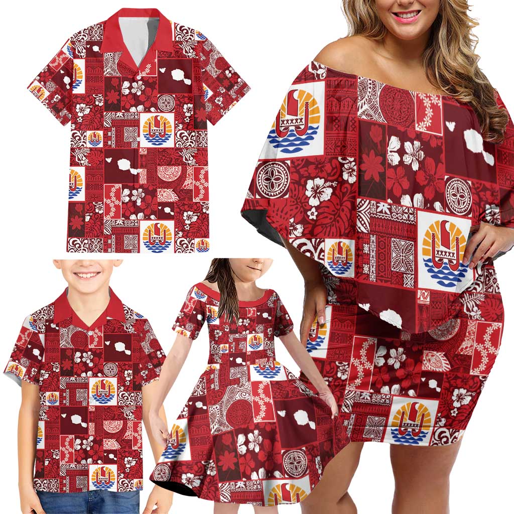 Tahiti Oaoa I Teie Noera Family Matching Off Shoulder Short Dress and Hawaiian Shirt Pacific Patchwork Xmas Vibes - Polynesian Pride