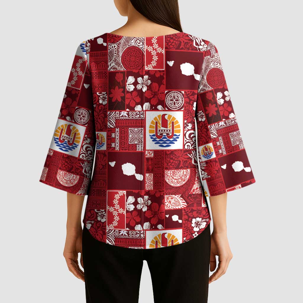 Tahiti Oaoa I Teie Noera Kimono Sleeve Blouse Pacific Patchwork Xmas Vibes - Polynesian Pride