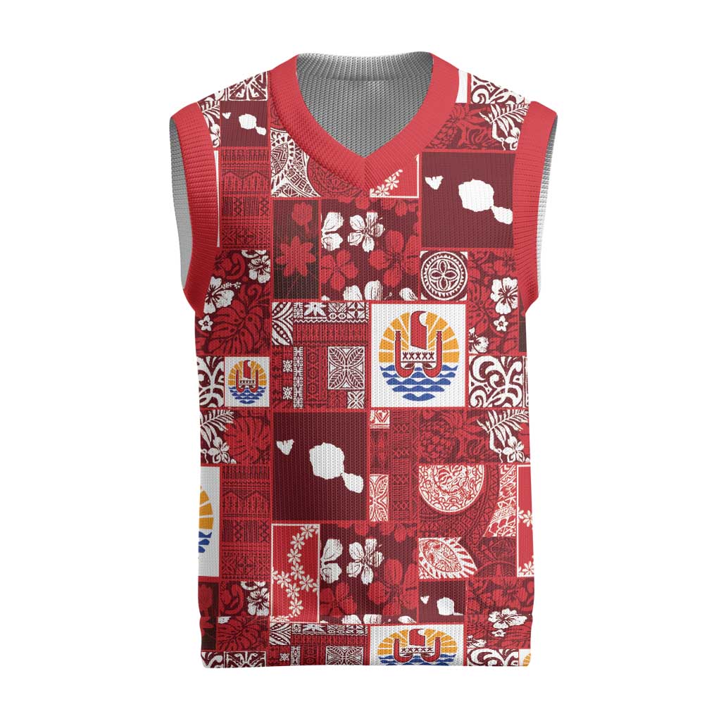 Tahiti Oaoa I Teie Noera Christmas Knitted V-Neck Vest Pacific Patchwork Xmas Vibes LT9 Red - Polynesian Pride