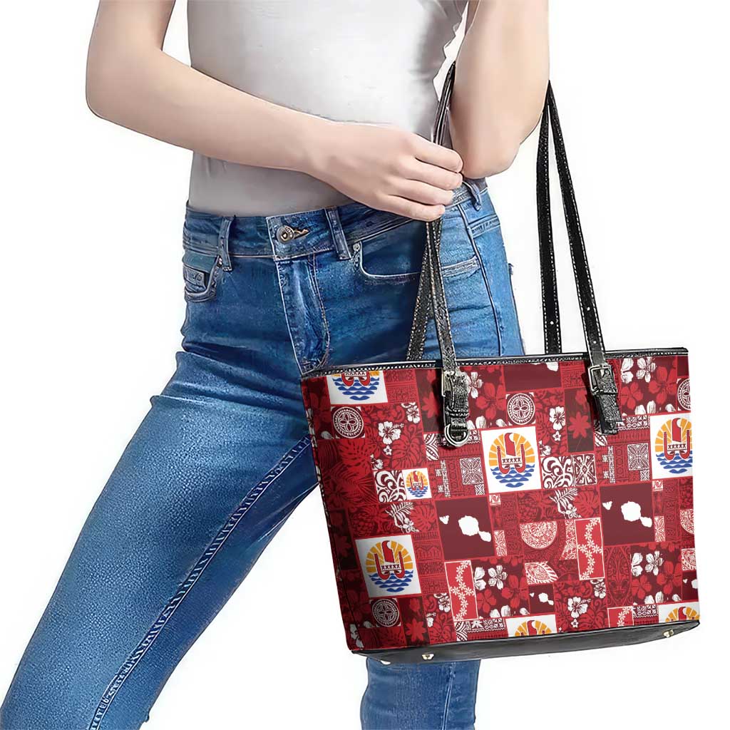 Tahiti Oaoa I Teie Noera Leather Tote Bag Pacific Patchwork Xmas Vibes - Polynesian Pride