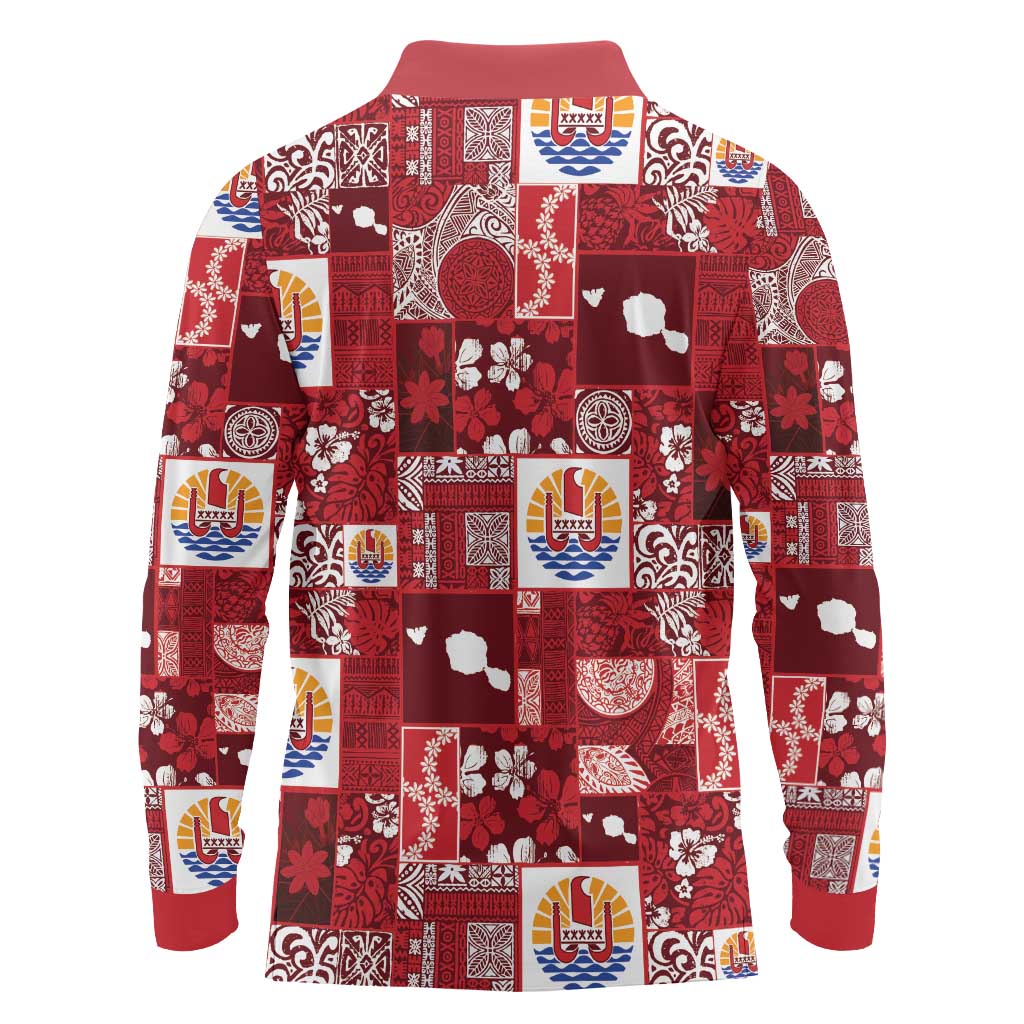 Tahiti Oaoa I Teie Noera Long Sleeve Polo Shirt Pacific Patchwork Xmas Vibes - Polynesian Pride