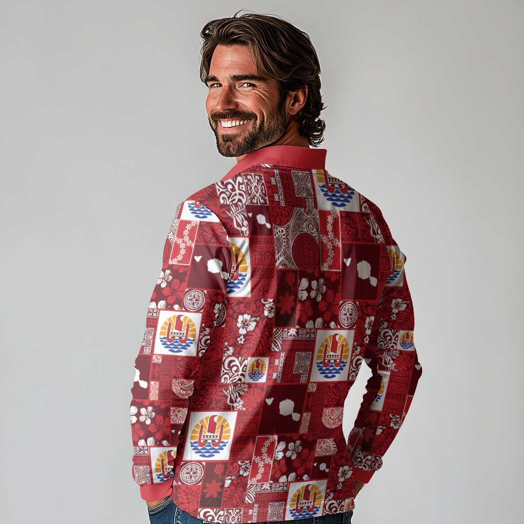 Tahiti Oaoa I Teie Noera Long Sleeve Polo Shirt Pacific Patchwork Xmas Vibes - Polynesian Pride